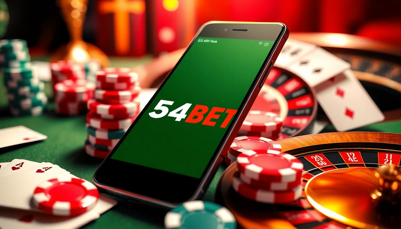 Experience the excitement of the 54BET App with vibrant casino elements in a sleek digital setting.