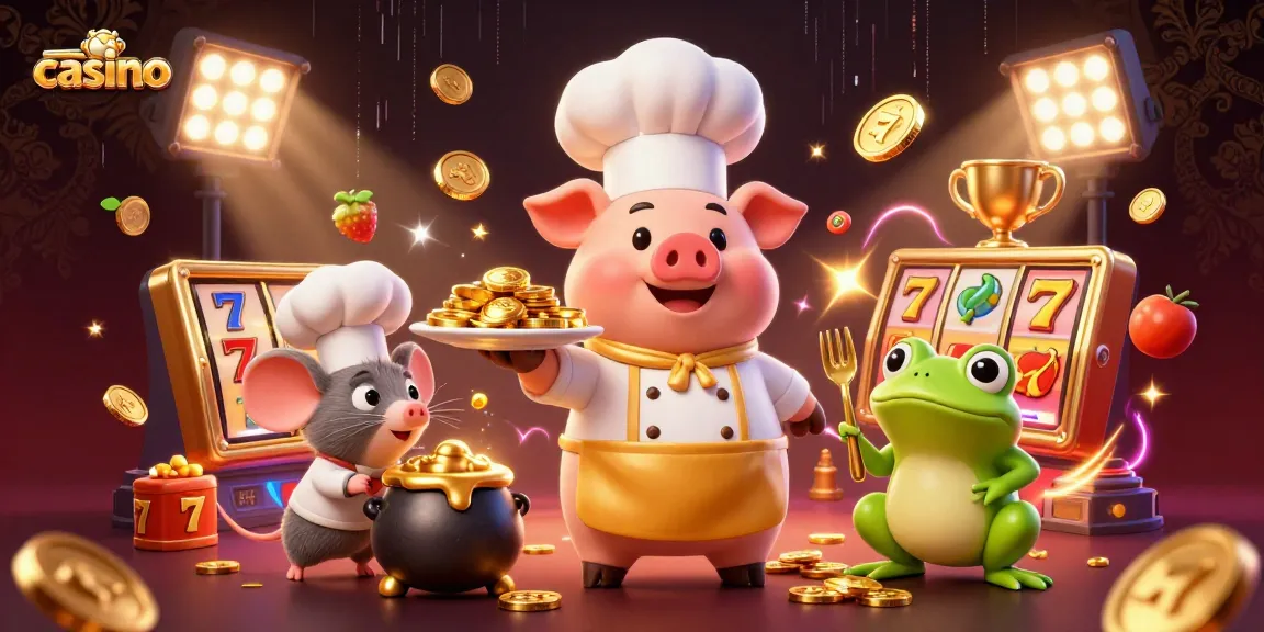 Engage with a vibrant casino scene featuring a chef pig, mouse, and frog amidst animated slot reels.