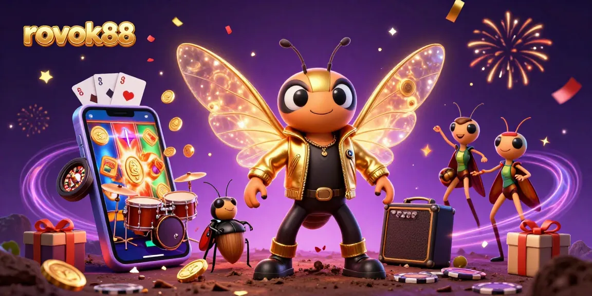 Engage with rokok88 through vibrant slot games featuring a cicada rock star and whimsical casino elements.