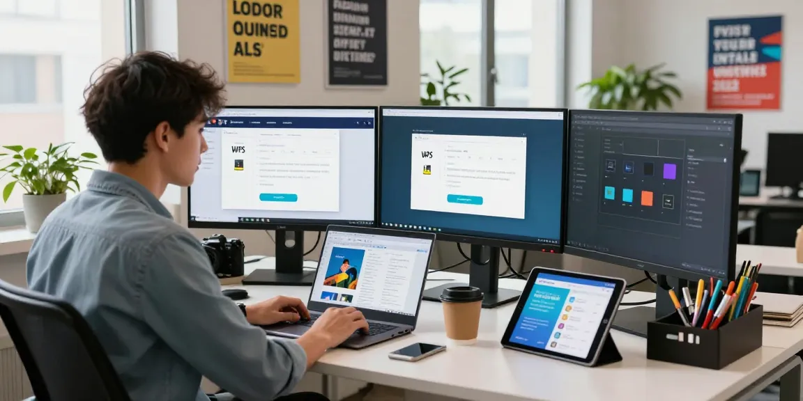 WPS Download interface displayed on multiple monitors in a modern office workspace.