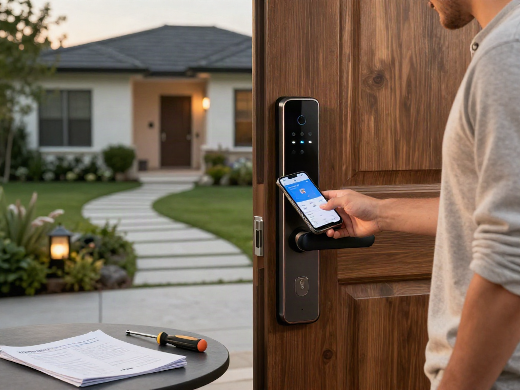 Homeowner demonstrating smart lock features while purchasing خرید قفل هوشمند for enhanced security.