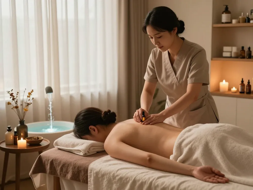 Relaxation during 동대문스웨디시 massage session in serene spa atmosphere with calming elements.