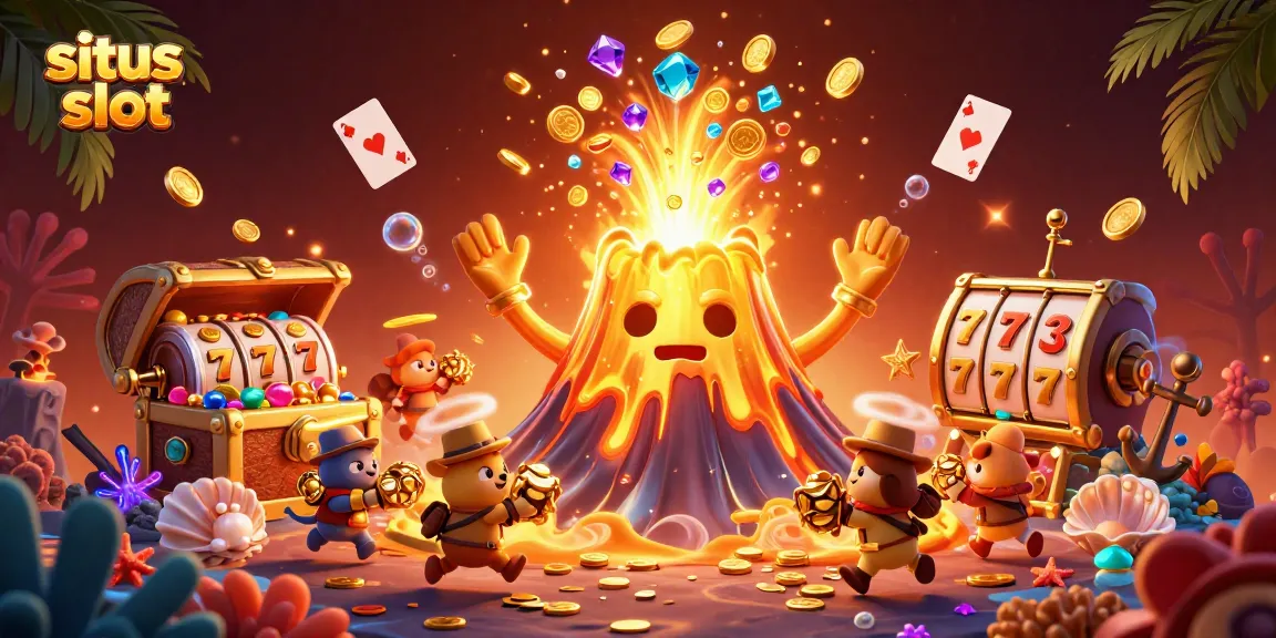 Experience the thrill of situs judi slot with a vibrant 3D scene featuring a golden volcano and slot game elements.