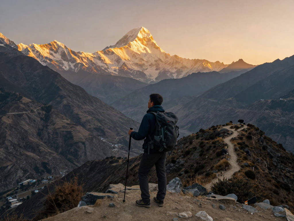 Manaslu Circuit Trek sunset view with a traveler enjoying majestic mountain scenery.