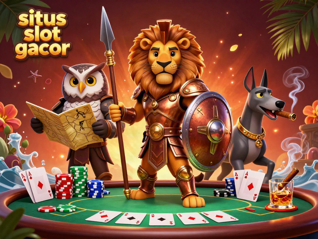 Situs slot gacor scene featuring a Spartan lion and poker elements, showcasing strategic gameplay.