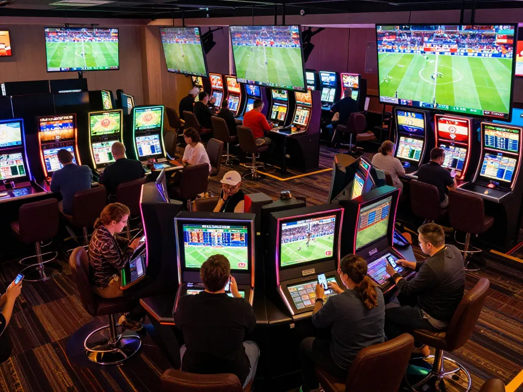 Exciting sports betting experience at ManClub, featuring lively patrons engaging with betting apps and screens.