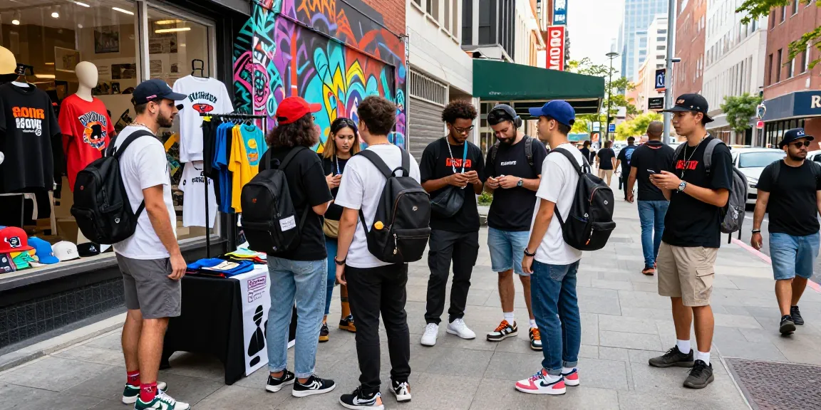 Youth culture engaging with rokok88 fashion merchandise in a vibrant urban street setting.
