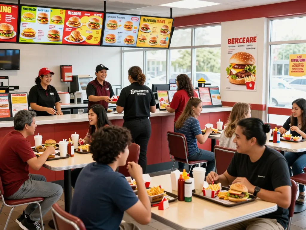 Fast food menu displayed on colorful board in busy restaurant, showcasing popular meal options.