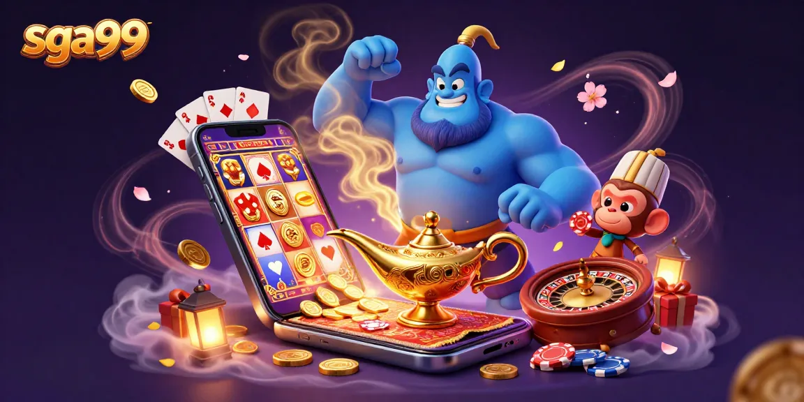 Experience thrilling gaming with sga99's vibrant casino action featuring a genie and poker chips!