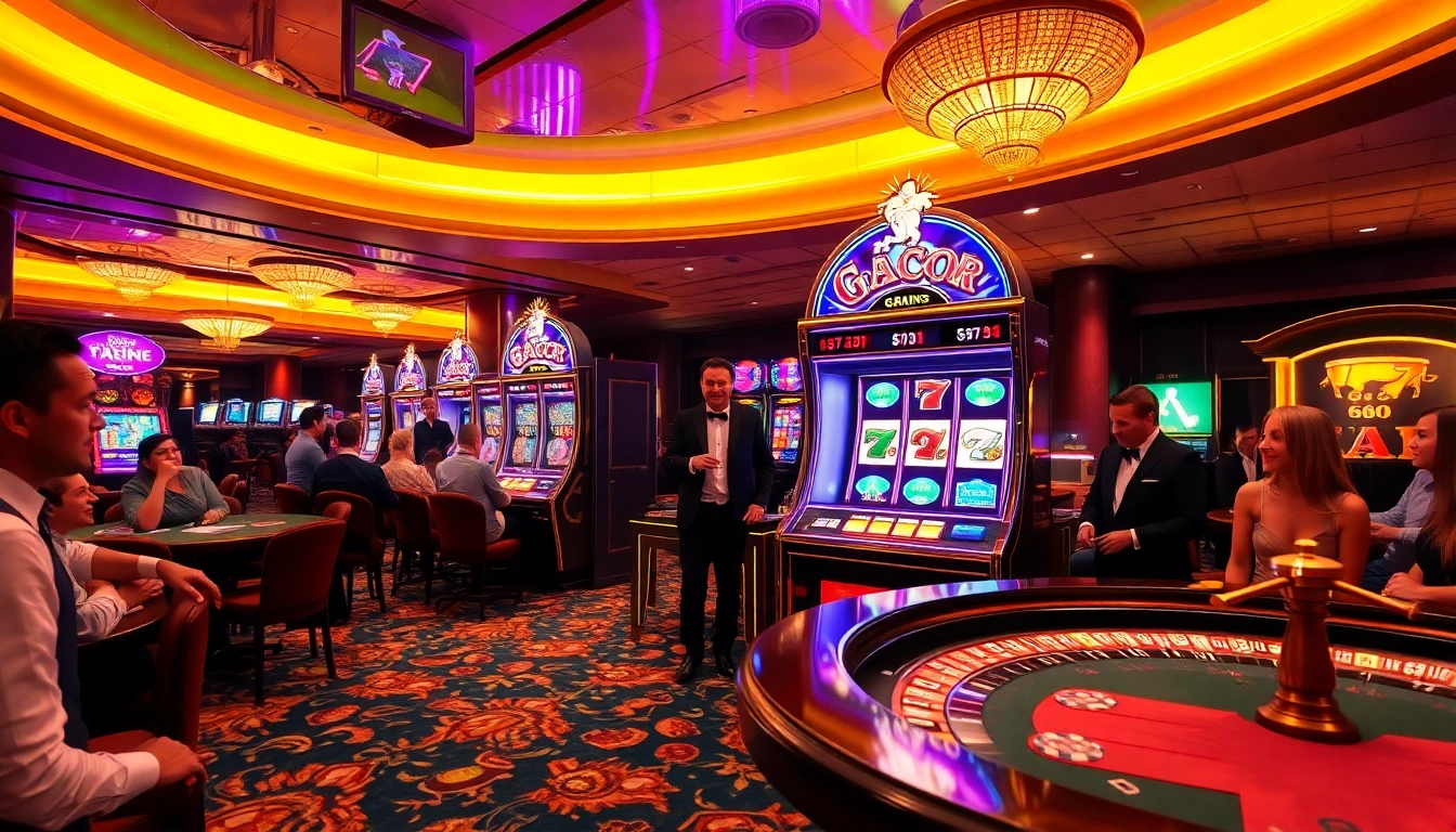 Players engaging with a slot gacor machine in a vibrant casino environment, emphasizing excitement and thrill.