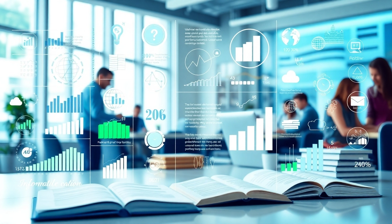 Highlighting information, an infographic showcases diverse data types in a modern office environment.