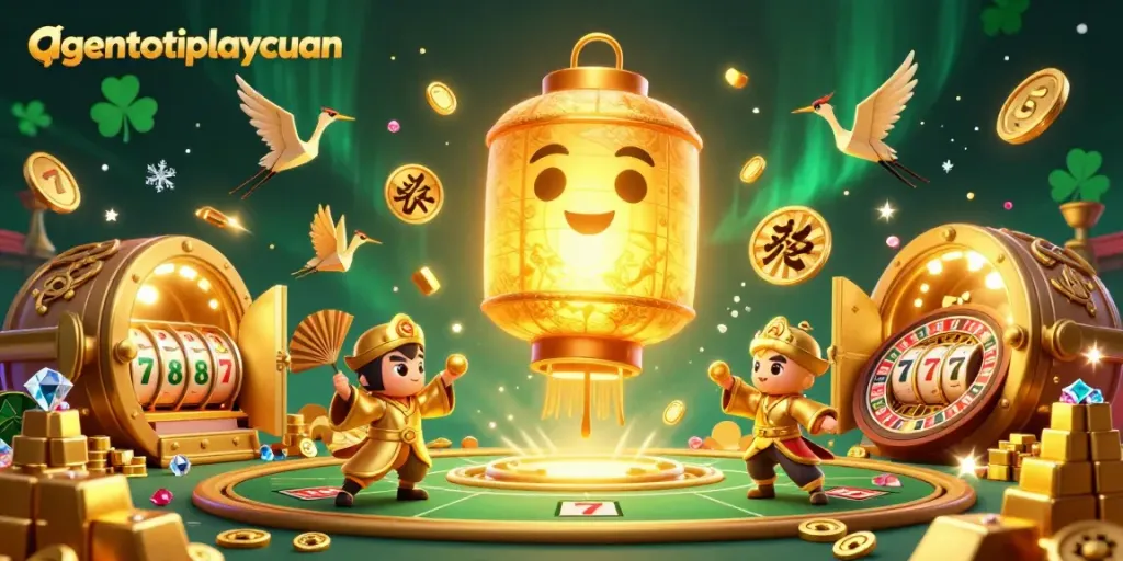 Experience winning moments with agentotoplaycuan at a vibrant casino scene filled with gold treasures and lucky symbols.