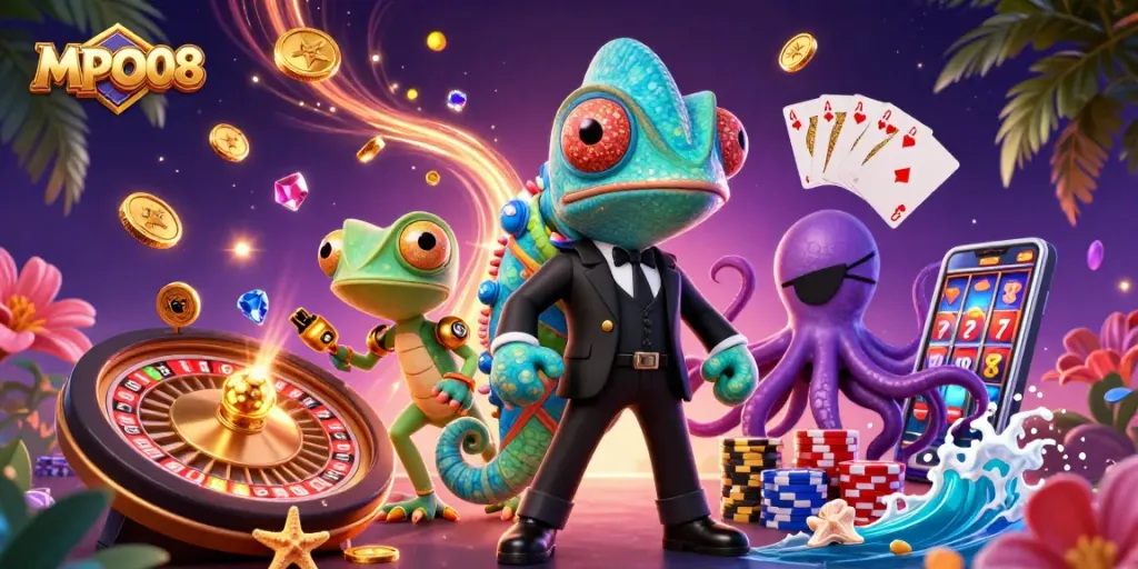 Join the excitement at MPO08 with a thrilling 3D casino adventure featuring colorful characters and dynamic gaming elements.