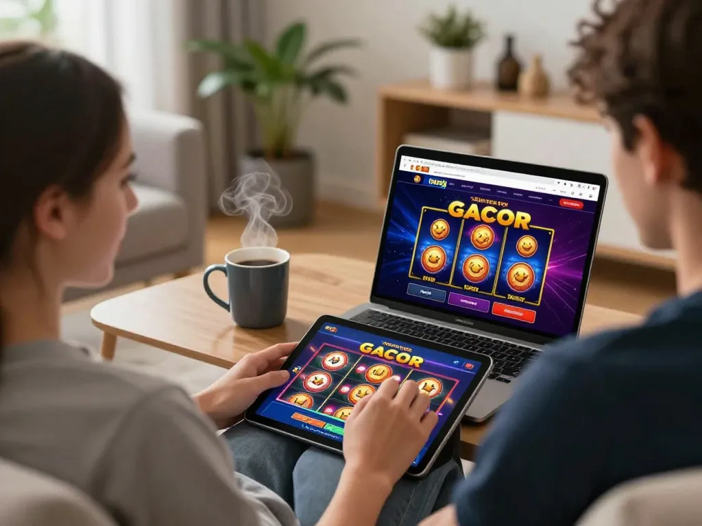 Player enjoying a slot gacor game on a tablet in a cozy home setting enhancing responsible gambling.