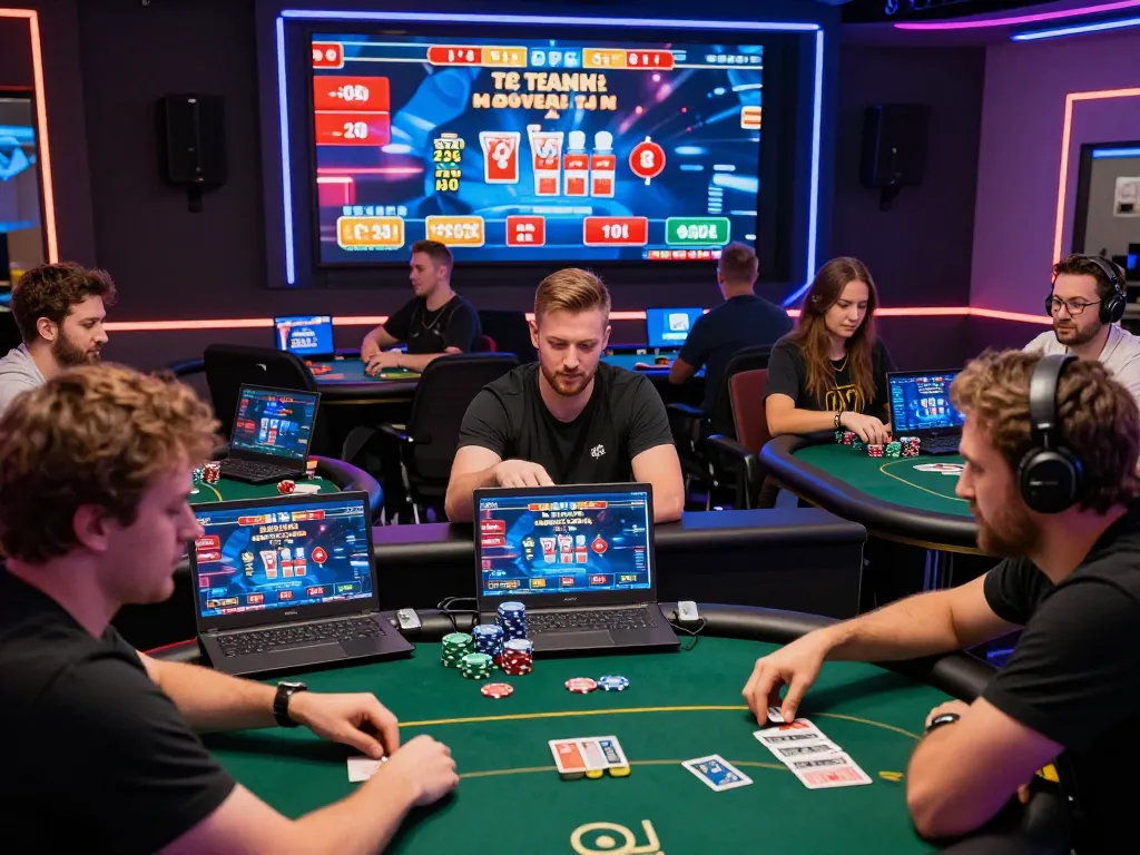 Diverse players enjoying IDN poker games in a vibrant online setting with poker chips and cards, showcasing excitement and engagement.