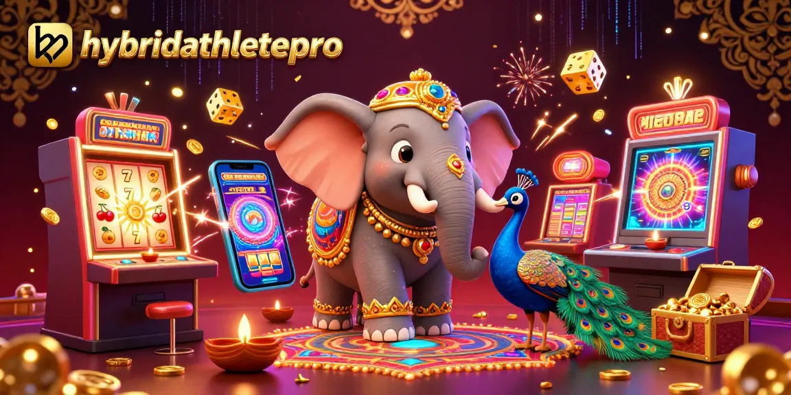 Experience excitement with hybridathletepro's vibrantcasino scene featuring an elephant and peacock amidst slot machines.