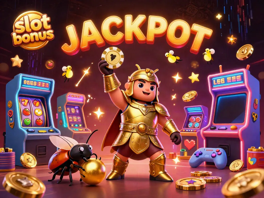 Experience the excitement of a slot bonus in this detailed illustration featuring a heroic beetle and vibrant game elements.