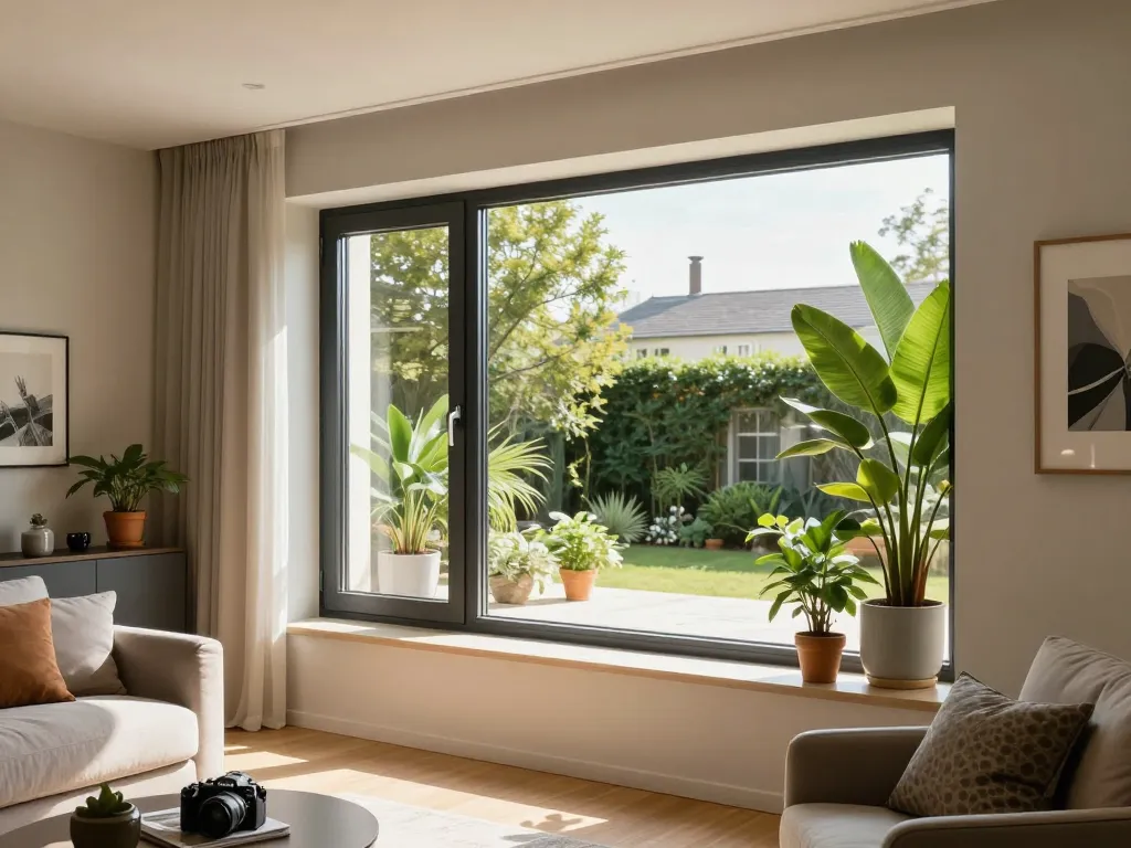 Stilvolles Wohnzimmer mit Fenstern von Schüco, das wunderschönes natürliches Licht und moderne Dekoration bietet.