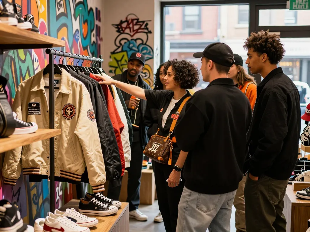 Group of friends exploring a trendy 레플리카 streetwear store in an urban setting, showcasing vibrant fashion styles and joyful interactions.