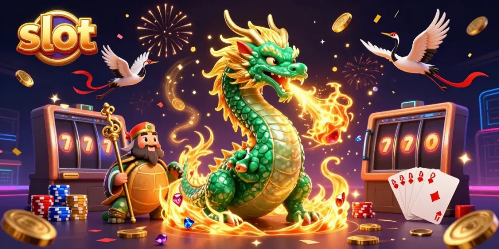Spin the slot reels and win with vibrant scenes featuring lucky dragons, turtles, and cranes.