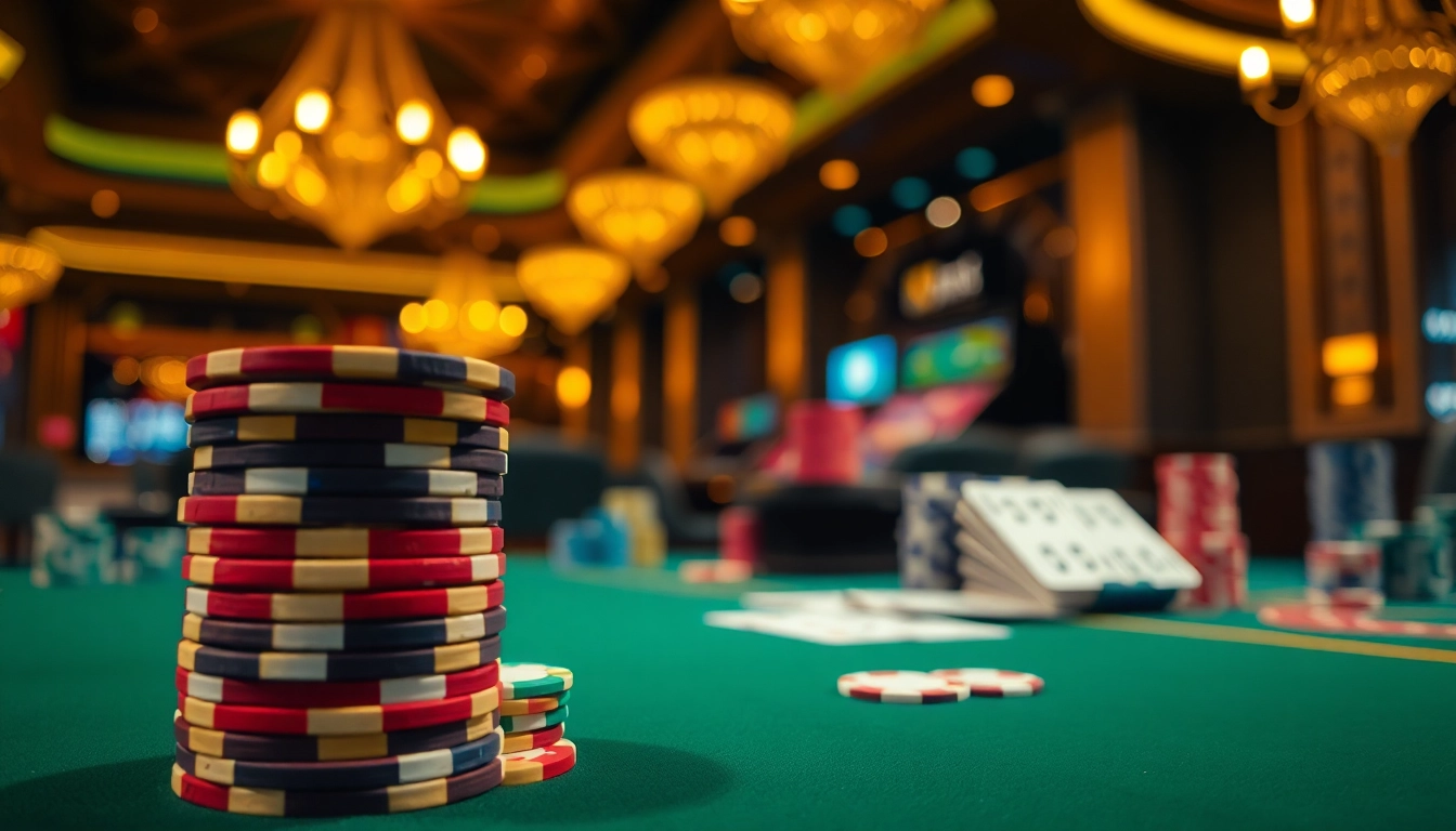 Faszination casino spielen am Spieltisch mit bunten Pokerchips und Karten.