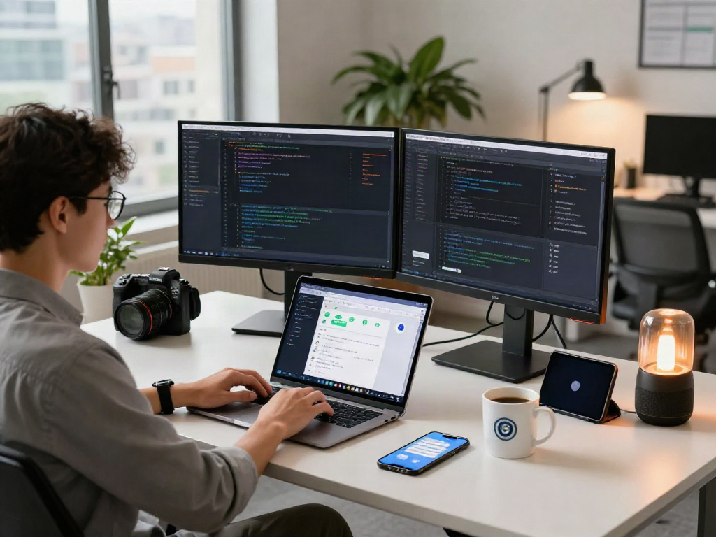 Developer exploring gb whatsapp features on multiple screens in a modern tech workspace.