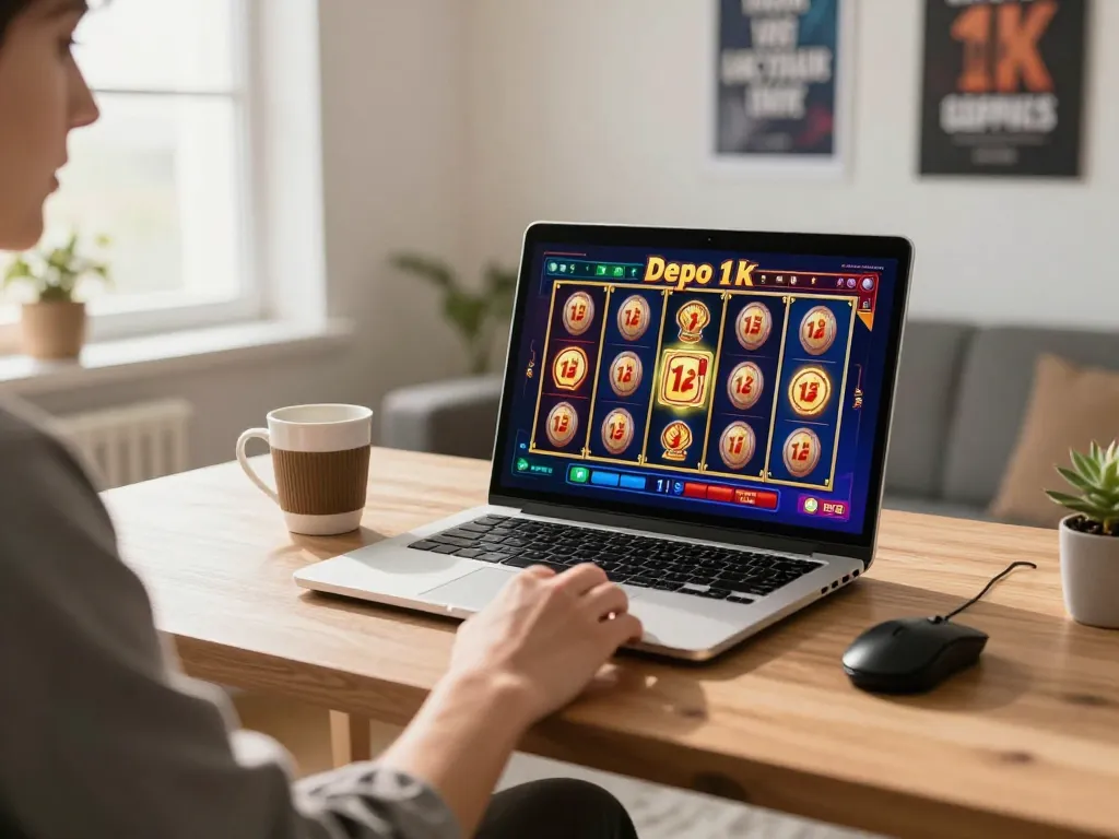 Player engaging with slot depo 1k during online gaming session on laptop with vibrant interface.