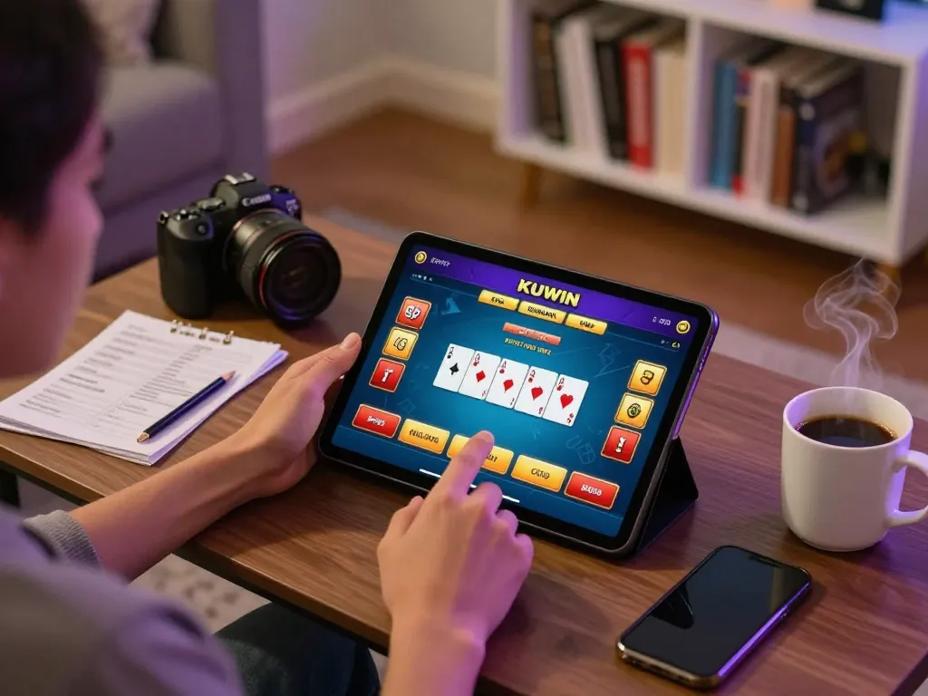 Kuwin player engaging in poker strategy at home using tablet for online casino gaming setup.