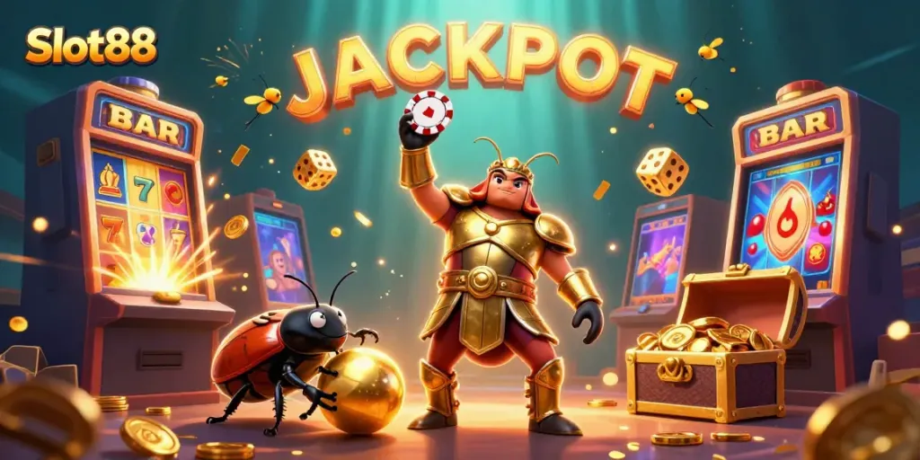 Experience the excitement of Slot88 with a triumphant beetle celebrating a jackpot.