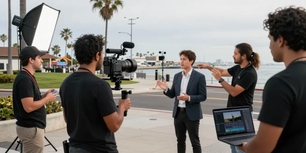 Capturing testimonial video production Long Beach, California with a diverse team filming a business owner by the waterfront.