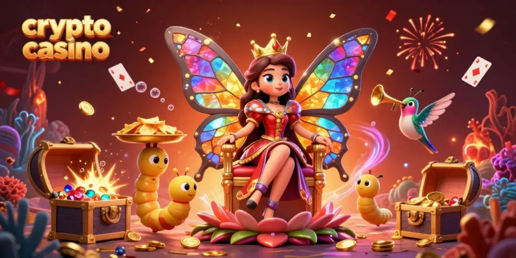 Experience the excitement of a vibrant crypto casino scene with animated characters and festive elements.