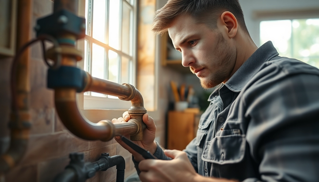 Plumber analyzing old pipes during whole house repiping services Clearwater FL in a bright kitchen.