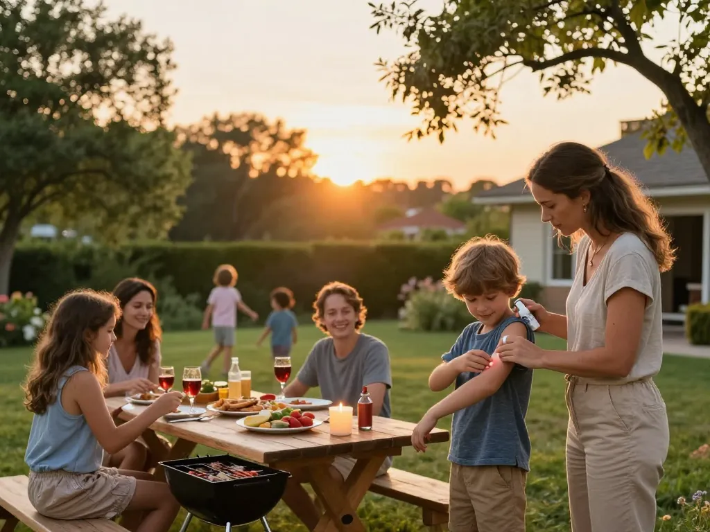 Family applying the Best Mosquito Repellent while enjoying a barbecue outdoors.