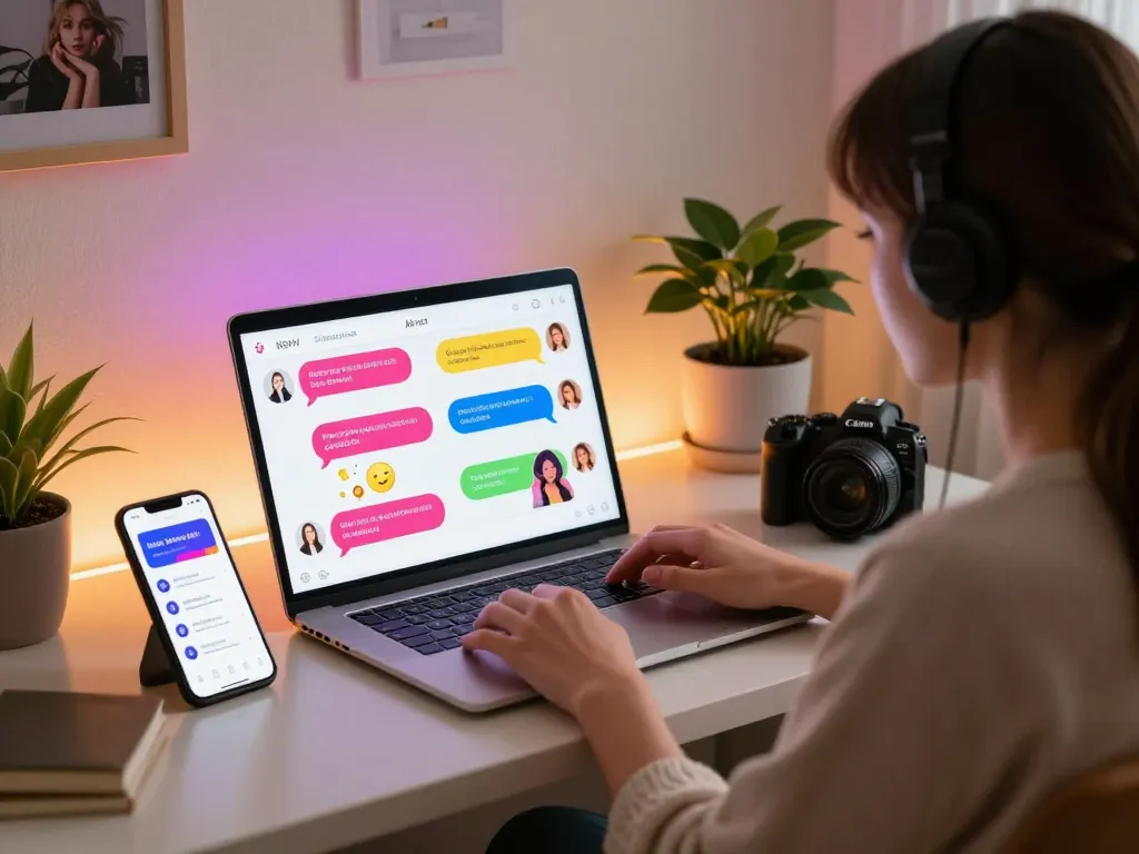 Engaging user in intimate chat with a sex chat ai on laptop in cozy home office.