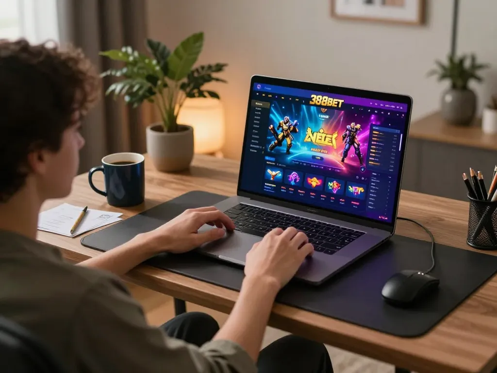 Engaging gameplay on 388bet casino interface displayed on laptop in a cozy home setup