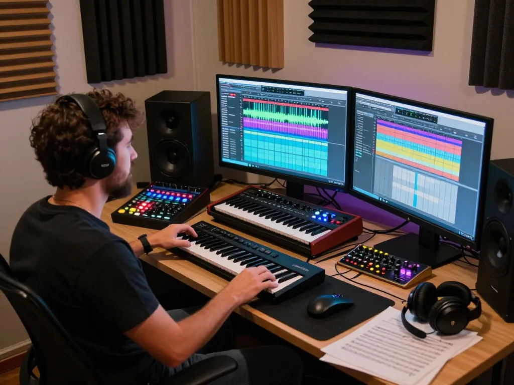 Music producer using SC 88 synthesizer in a vibrant studio workspace.