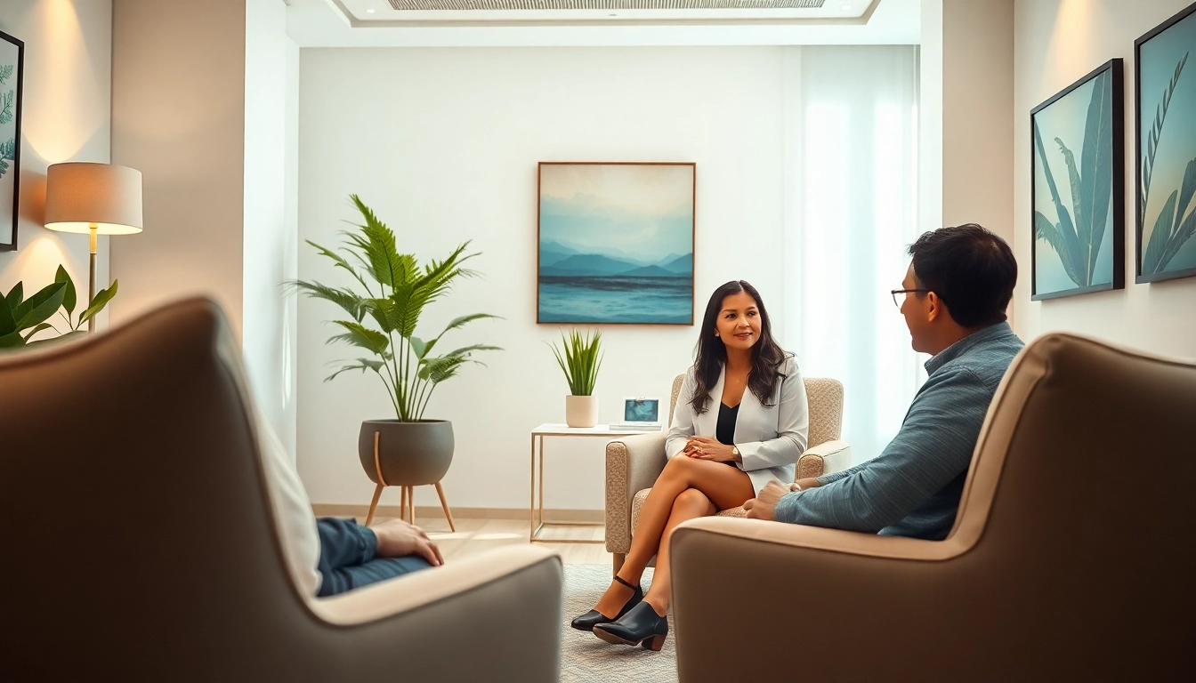Psychiatrist Dubai conversing with a patient in a modern, tranquil office setting.