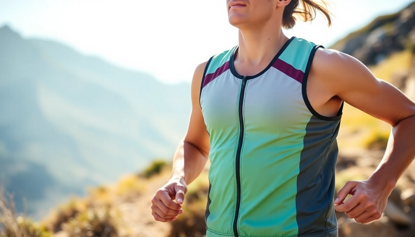 Runner demonstrating a stylish running vest while sprinting along a scenic trail.