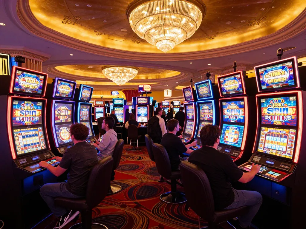 Players enjoying vibrant slot gacor machines in an engaging Las Vegas casino floor, excitement evident.