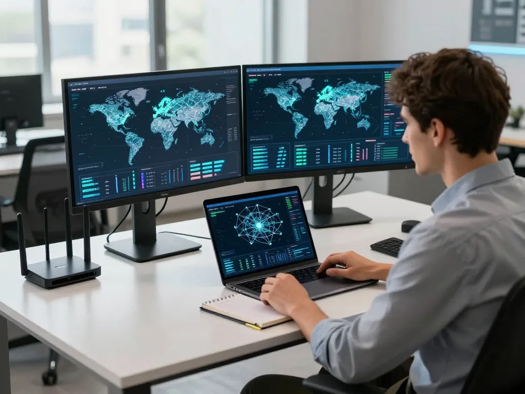 Fast network analysis with 快连 in a modern tech workspace showcasing global performance metrics and IT innovation.