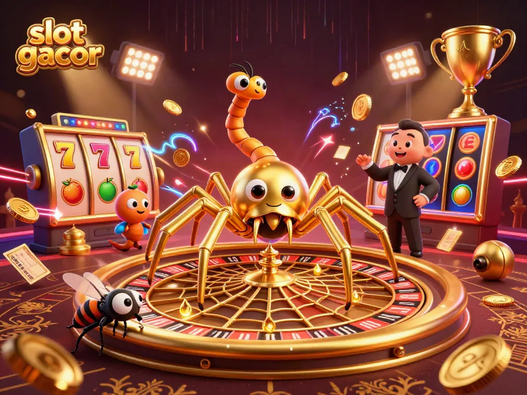 Slot gacor dengan laba-laba emas dan penyu spin dalam ilustrasi kasino menarik.