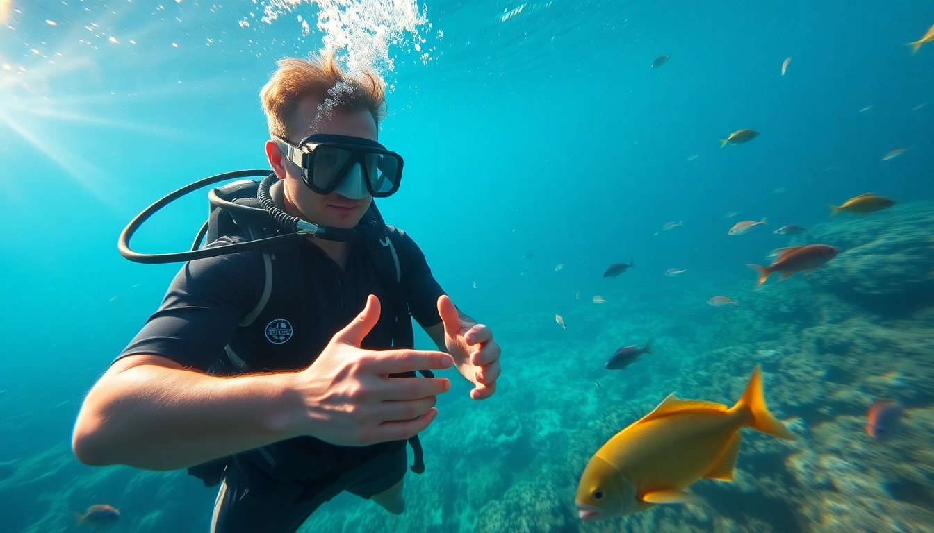 Tauchschule mit professionellem Tauchlehrer und bunten Fischen im klaren Wasser.