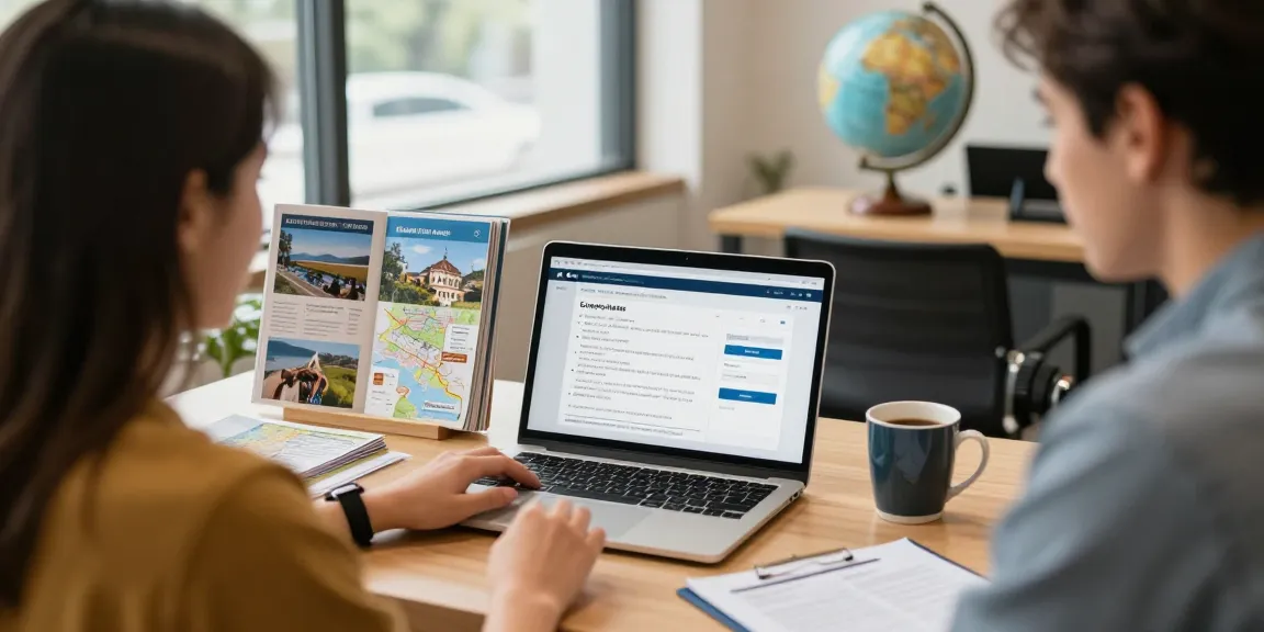 Client portal for travel agents displayed on a laptop at a scenic travel agency office, showcasing personalized travel planning.