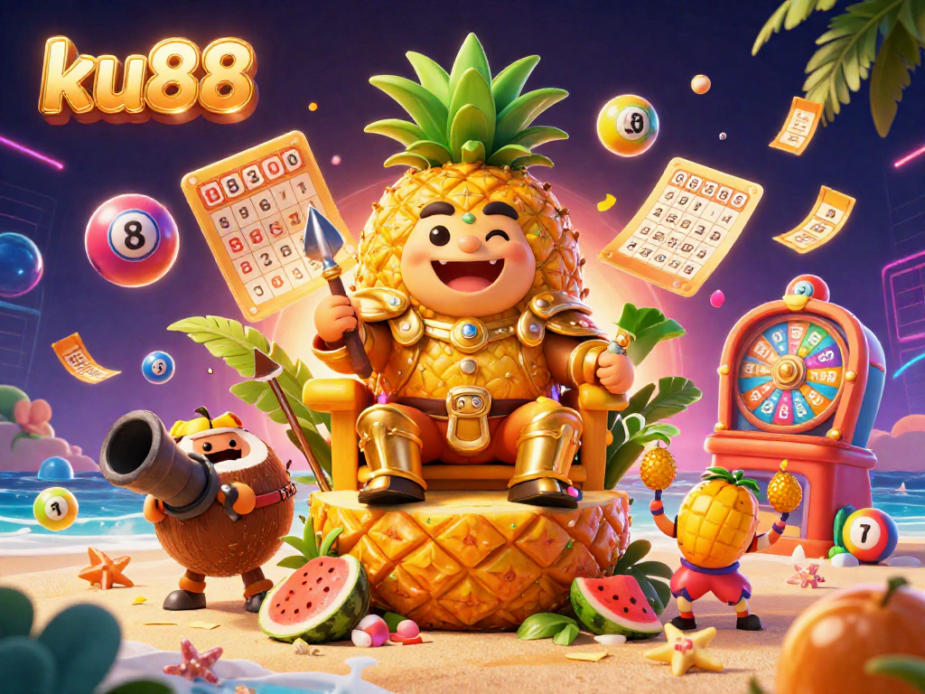 Engage with ku88's vibrant beach casino scene featuring a golden pineapple king amidst dynamic game symbols.