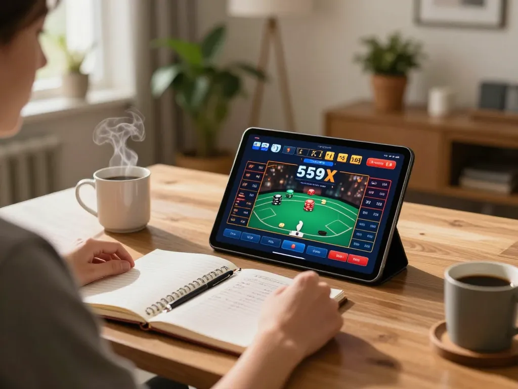 Player engaging with 559X online casino on tablet, showcasing a cozy gaming environment