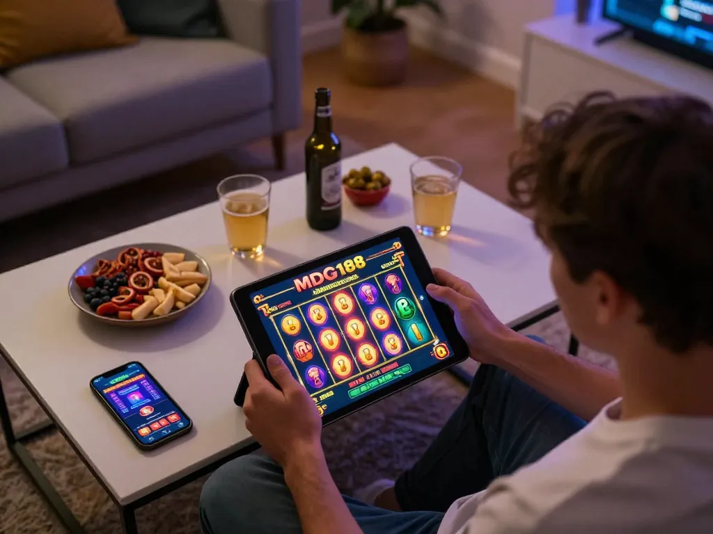 Player engaging in MDG188 slot game on tablet, showcasing vibrant online casino experience.