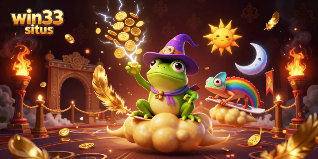 Win33 situs showcases thrilling gaming action with a fantasy twist, featuring a wizard frog and chameleon.