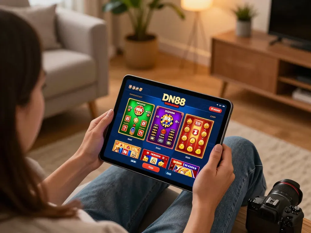 Logging in to DN88 app with engaging screen displaying exciting casino games in a cozy home setup.