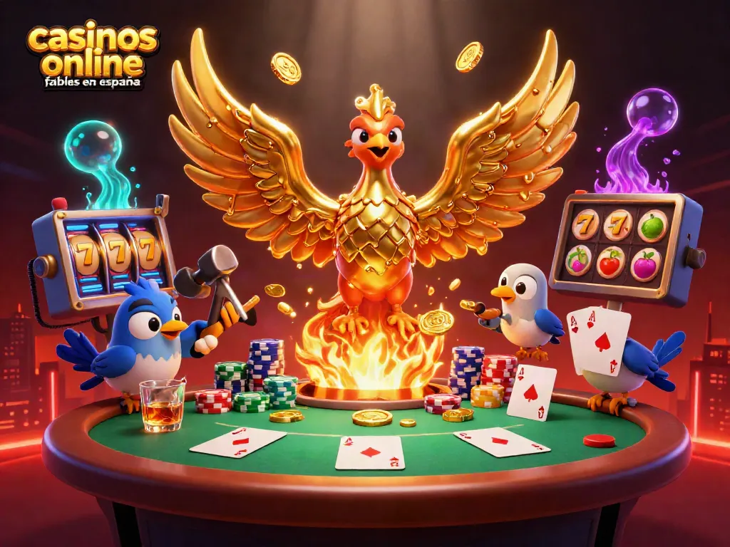 Reproducción de casinos online fiables en España con un fénix dorado y juegos de azar interactivos.