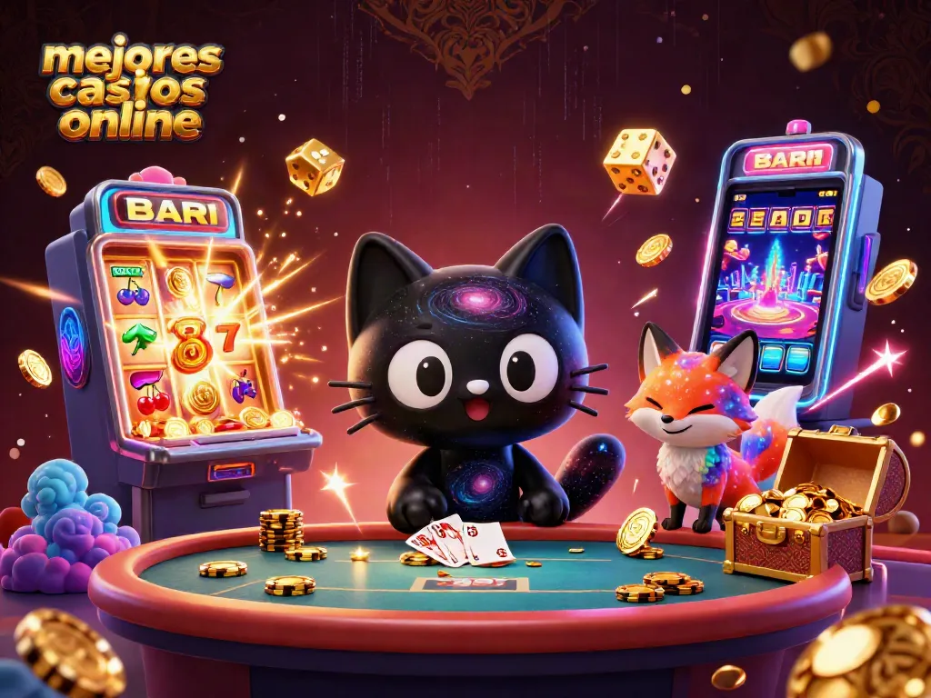 Mejores casinos online: gato negro cósmico jugando en una mesa de casino llena de premios.